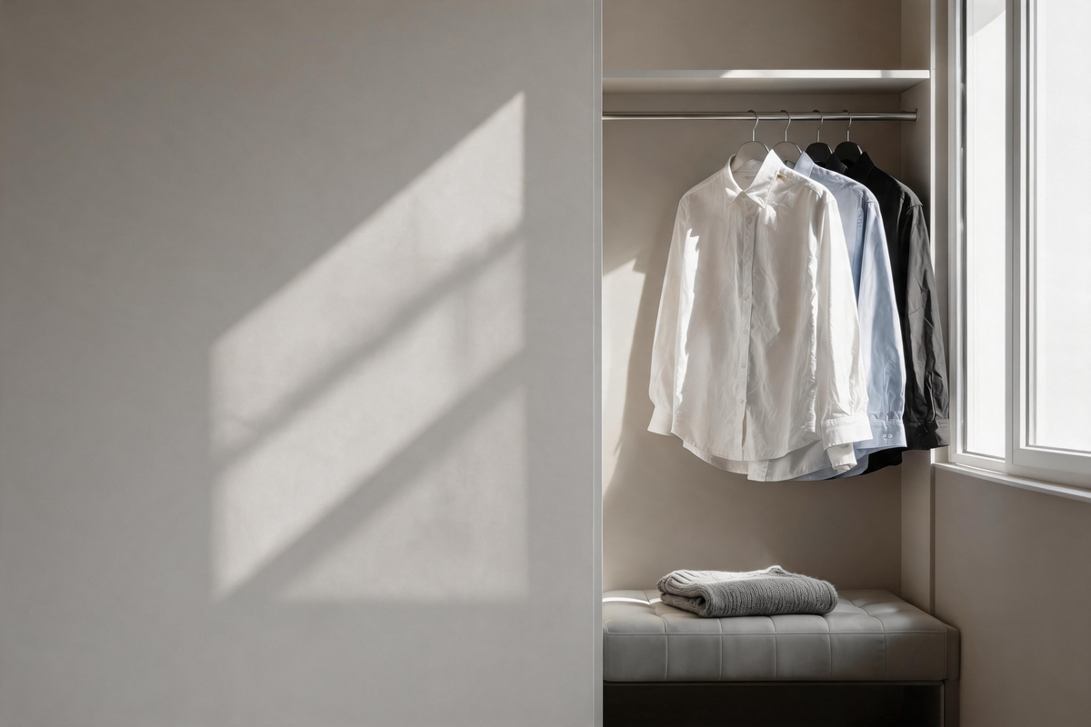 soft morning light across a wardrobe of shirts
